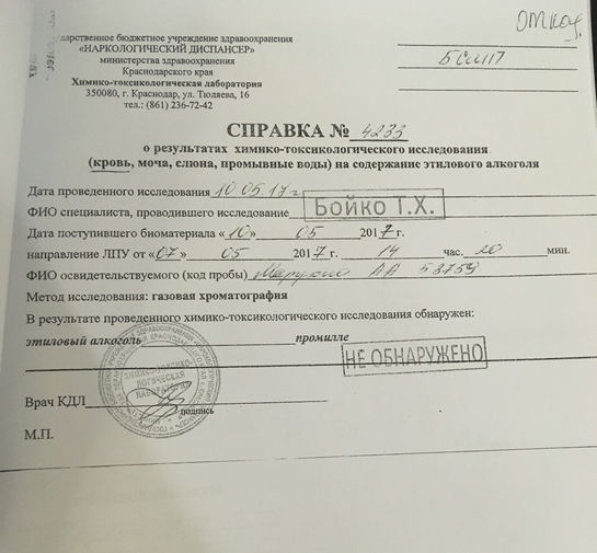Копия справки, подтверждающей трезвость Александра Марухно