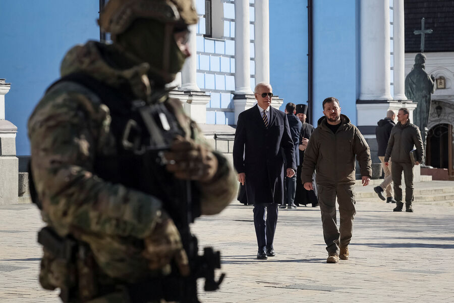 Президент США Джо Байден и президент Украины Владимир Зеленский во время встречи в&nbsp;Киеве, 20&nbsp;февраля 2023&nbsp;года
