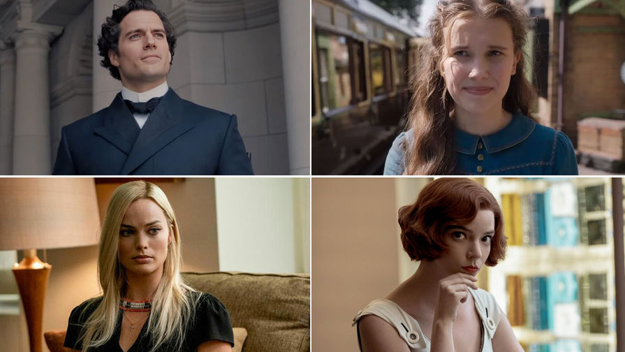 Вверху кадры из фильма «Энола Холмс» (2020); внизу кадр из сериала «Скандал» (2019) и «Ход королевы» (2020)