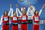 Радость россиянок Вероники Поповой, Елены Соколовой, Дарьи Белякиной и Ксении Юсковой, завоевавших серебро чемвпионата мира в&nbsp;эстафете 4х200 м вольным стилем