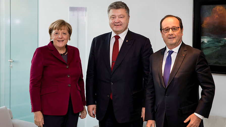 Канцлер Германии Ангела Меркель, президент Украины Петр Порошенко и президент Франции Франсуа Олланд