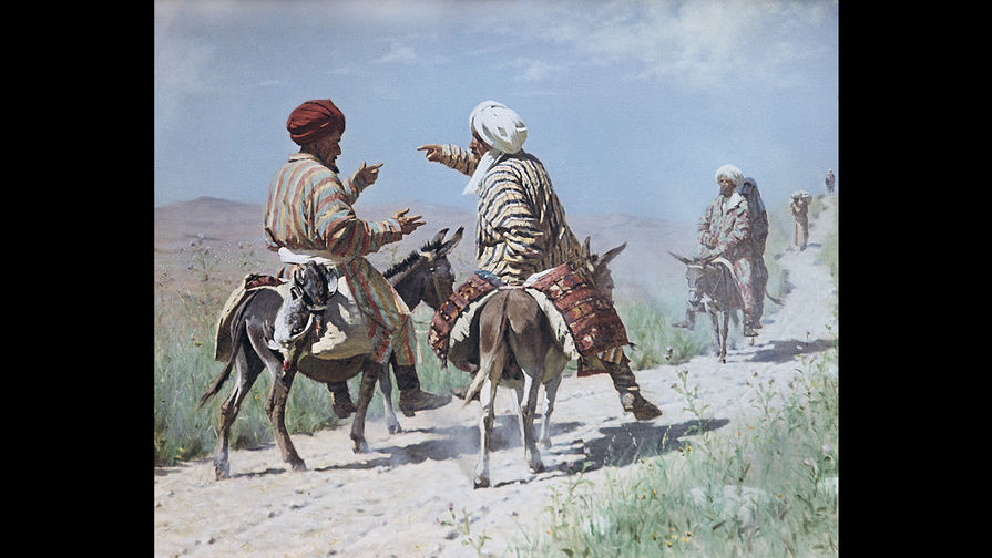 Василий Верещагин. Мулла Рахим и мулла Керим по дороге на базар ссорятся. 1873