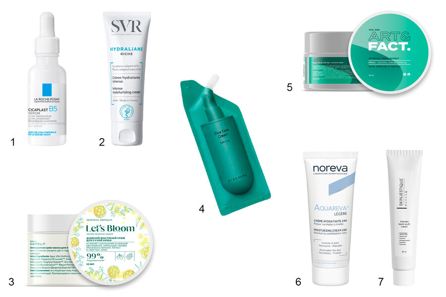 1. Восстанавливающая сыворотка Cicaplast B5, La Roche-Posay, 3247&nbsp;руб
<br>
2. Интенсивныи&#774; увлажняющии&#774; крем Hydraliane Legere, SVR, 1200&nbsp;руб
<br>
3. Дневнои&#774; масляныи&#774; крем для&nbsp;сухои&#774; кожи с&nbsp;облепихои&#774; и&nbsp;морошкои&#774;, Let's Bloom, 700&nbsp;руб
<br>
4. Восстанавливающии&#774; крем с&nbsp;центеллои&#774; азиатскои&#774; Cica Care, Hidehere, 898&nbsp;руб
<br>
5. Крем для&nbsp;сухои&#774; кожи с&nbsp;экстрактом полыни, Art & Fact, 800&nbsp;руб
<br>
6. Легкии&#774; увлажняющии&#774; крем Aquareva, Noreva, 1519&nbsp;руб
<br>
7. Восстанавливающии&#774; крем для&nbsp;лица Intensive Repair Youth Cream, Skinjestique, 3900&nbsp;руб