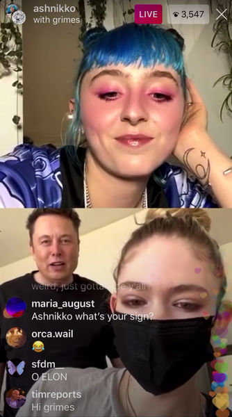 Граймс с&nbsp;Илоном Маском во время прямого эфира в&nbsp;Instagram (владелец компания Meta признана в России экстремистской и запрещена)