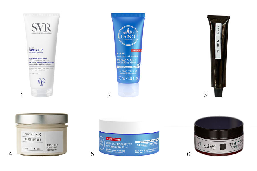 1. Молочко для&nbsp;тела Xerial 10, SVR, 1586&nbsp;руб
<br>
2. Крем для&nbsp;рук с&nbsp;пчелиным воском Pro Intense, Laino, 439&nbsp;руб
<br>
3. Крем для&nbsp;рук Africa, By Kaori, 890&nbsp;руб
<br>
4. Питательное масло для&nbsp;тела Sacred Nature, Comfort Zone, 7040&nbsp;руб
<br>
5. Питательный бальзам для&nbsp;тела с&nbsp;пчелиным воском Pro Intense, Laino, 1719&nbsp;руб
<br>
6. Крем для&nbsp;тела Tobacco Vanilla, By Kaori, 1090&nbsp;руб