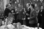 Генеральный секретарь ЦК КПСС Л. И. Брежнев (слева) и Председатель Президиума Верховного Совета СССР Н.В.Подгорный с советскими летчиками-космонавтами (слева направо): Герой Советского Союза Владимир Шаталов, Герой Советского Союза Алексей Елисеев и Герой Советского Союза Борис Волынов, 1969 год