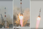 Кадры из трансляции запуска ракеты «Союз-2.1а» с кораблем «Прогресс МС-08» с космодрома Байконур, 13 февраля 2018 года