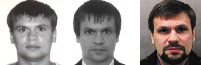 Слева паспортное фото Анатолия Чепиги от 2003 года, далее паспортное фото Руслана Боширова от 2009 года, а справа фото Руслана Боширова, предоставленное полицией Лондона в 2018 году