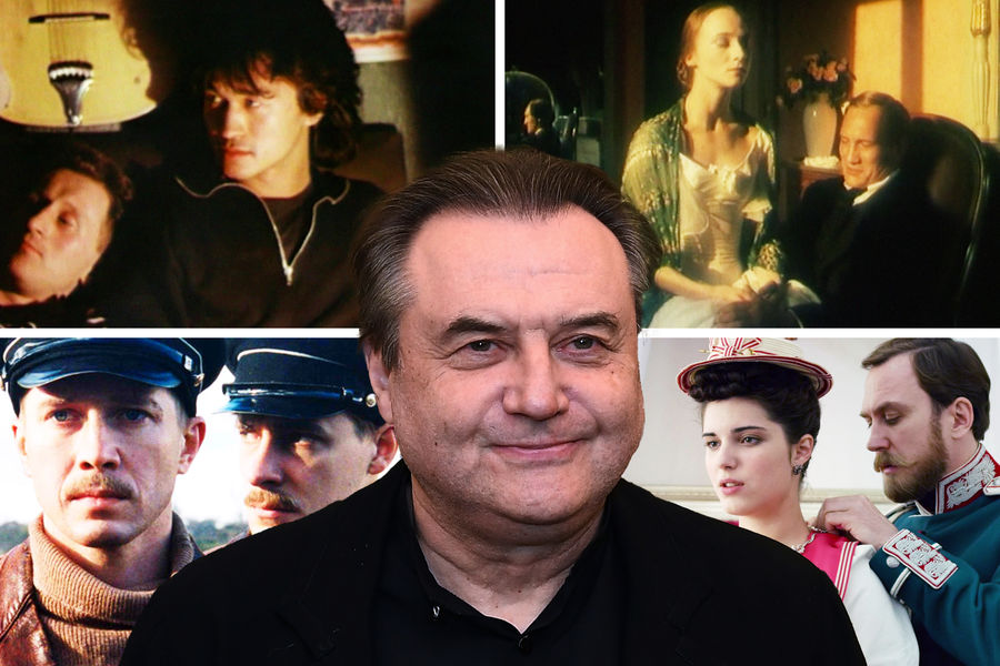 Кинорежиссер Алексей Учитель и кадры из&nbsp;фильмов &laquo;Рок&raquo;, &laquo;Мания Жизели&raquo;, &laquo;Космос как предчувствие&raquo; и &laquo;Матильда&raquo;