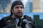 Президент Всероссийского мотоклуба «Ночные волки» Александр Залдостанов «Хирург» выступает на митинге «В единстве наша сила» в поддержку главы Чечни Рамзана Кадырова на площади перед мечетью имени Ахмата Кадырова в Грозном