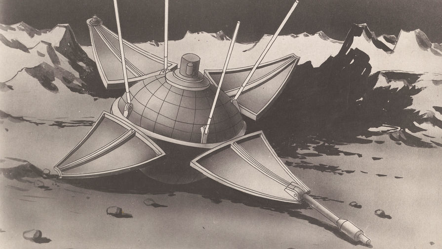 Плакат с&nbsp;художественным изображением автоматической лунной станции, иллюстрировавшей первую пресс-конференцию по&nbsp;мягкой посадке на&nbsp;Луну.