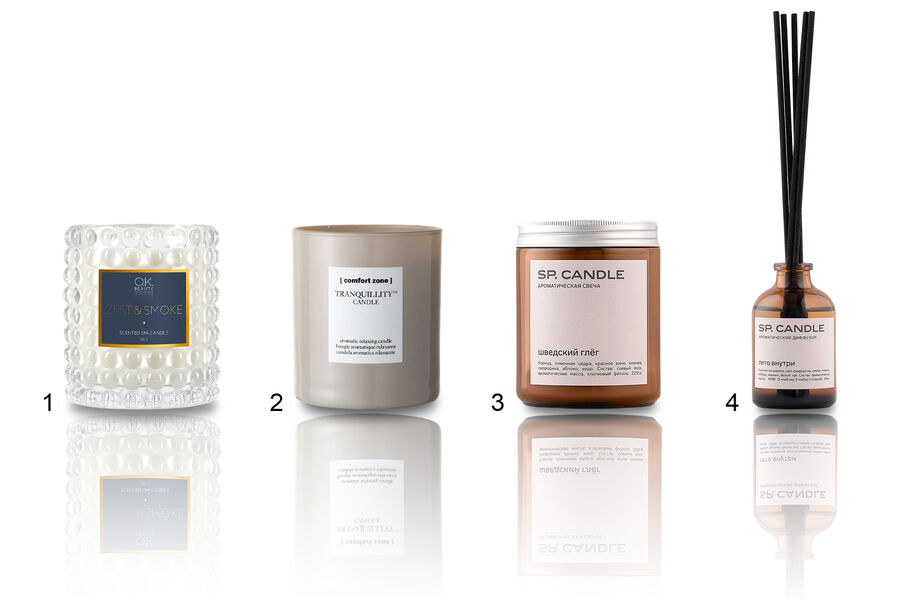 1. Ароматическая СПА-свеча Zest & Smoke, OK Beauty, 1890&nbsp;руб
<br>
2. Ароматическая света Tranquillity, Comfort Zone, 6230&nbsp;руб
<br>
3. Свеча из&nbsp;соевого воска «Шведскии&#774; гле&#776;г», SP.Candle, 1800&nbsp;руб
<br>
4. Диффузор для&nbsp;дома «Лето внутри», SP.Candle, 1400&nbsp;руб