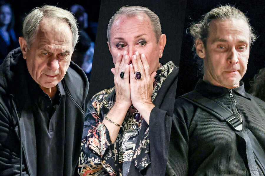 Валерий Афанасьев, Александр Песков и Сергей Глушко (Тарзан) на&nbsp;церемонии прощания с&nbsp;актером Вячеславом Гришечкиным в&nbsp;Московском театре на&nbsp;Юго-Западе, 19&nbsp;сентября 2023&nbsp;года