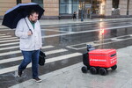 Робот-доставщик во время ливня в Оружейном переулке, 15 июля 2025 года