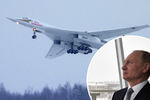 Владимир Путин наблюдает за демонстрационным полетом нового сверхзвукового стратегического бомбардировщика-ракетоносца «Ту-160М» «Петр Дейнекин» во время посещения Казанского авиационного завода имени С. П. Горбунова, 25 января 2018 года (коллаж)