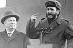 Первый секретарь ЦК КПСС Никита Хрущев и премьер-министр Кубы Фидель Кастро на трибуне Мавзолея во время митинга, 1963 год