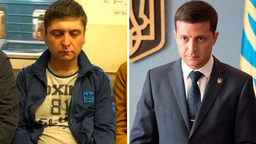 Президент Украины Владимир Зеленский (справа) и его двойник автомаляр из Москвы Умид Исабаев (коллаж)