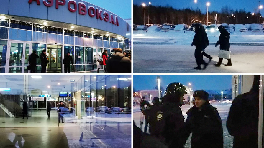 Ситуация в аэропорту Ханты-Мансийска после экстренной посадки рейса SU1515 «Сургут — Москва», 22 января 2019 года, коллаж