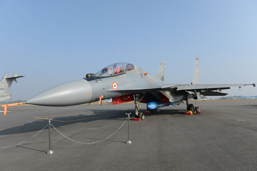 Истребитель Су-30МКИ ВВС Индии на&nbsp;международной выставке Aero India 2025&nbsp;на&nbsp;территории военно-воздушной базы Yelahanka в&nbsp;Бангалоре, 9&nbsp;февраля 2025&nbsp;года 