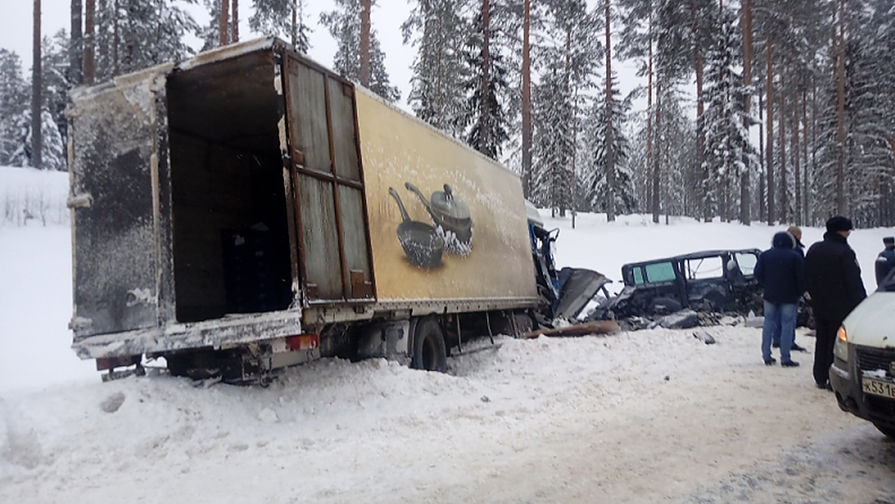 Последствия столкновения микроавтобуса с грузовым автомобилем в Ленинградской области, 6 февраля 2018 года