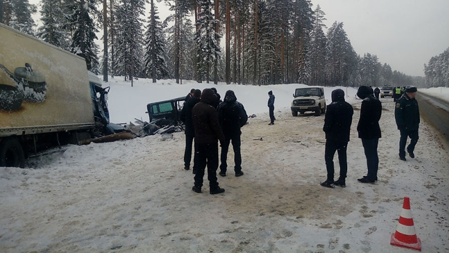 Последствия столкновения микроавтобуса с грузовым автомобилем в Ленинградской области, 6 февраля 2018 года