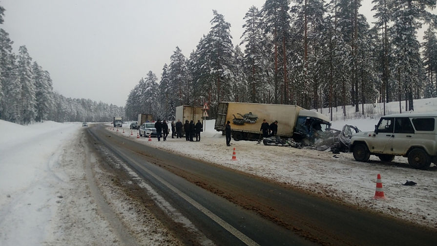 Последствия столкновения микроавтобуса с грузовым автомобилем в Ленинградской области, 6 февраля 2018 года