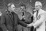 Народные артисты СССР Клавдия Шульженко, Леонид Утесов и композитор Ян Френкель во время поздравления Аркадия Райкина с юбилеем, 1982 год