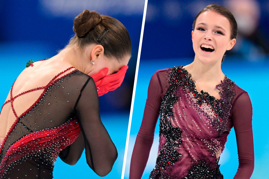 Камила Валиева и Анна Щербакова после выступлений в&nbsp;произвольной программе женского одиночного катания на&nbsp;соревнованиях по&nbsp;фигурному катанию на&nbsp;XXIV зимних Олимпийских играх в&nbsp;Пекине, 17&nbsp;февраля 2022&nbsp;года
