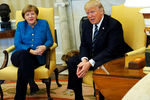 Дональд Трамп во время встречи с Ангелой Меркель в Овальном кабинете Белого дома
