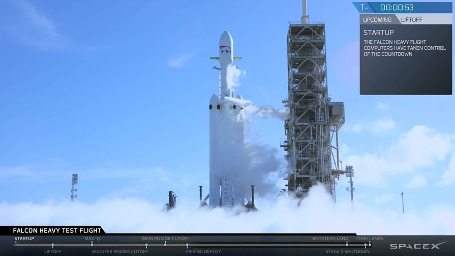Во время запуска ракеты-носителя Falcon Heavy компании Илона Маска SpaceX с&nbsp;мыса Канаверал во Флориде, 6 февраля 2018 года