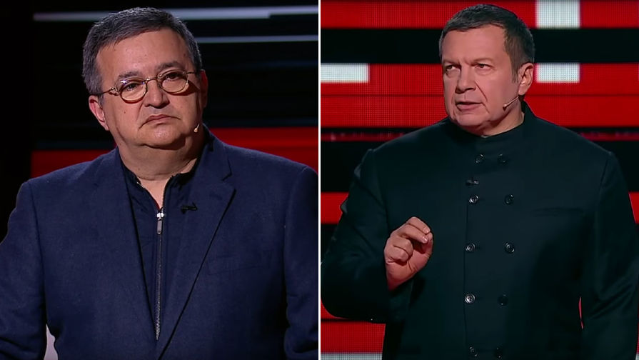 Григорий Винников (он же &mdash; &laquo;американский эксперт Грэг Вайнер&raquo;) и ведущий Владимир Соловьев (коллаж)