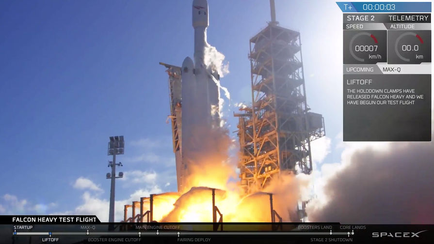 Во время запуска ракеты-носителя Falcon Heavy компании Илона Маска SpaceX с&nbsp;мыса Канаверал во Флориде, 6 февраля 2018 года