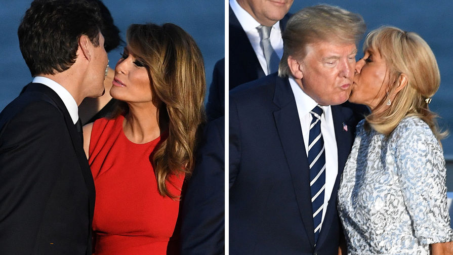 Премьер-министр Канады Джастин Трюдо с&nbsp;первой леди США Меланьей Трамп и президент США Дональд Трамп с&nbsp;первой леди Франции Брижит Макрон на&nbsp;саммите G7, 25 августа 2019 года (коллаж)