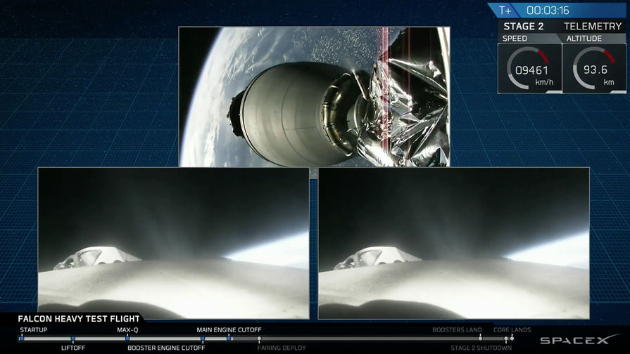 Во время запуска ракеты-носителя Falcon Heavy компании Илона Маска SpaceX с&nbsp;мыса Канаверал во Флориде, 6 февраля 2018 года