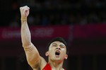 Победный клич сына китайского народа Фэн Чжэ. Он лучше всех сделал упражнения на параллельных брусьях.
