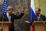 Госсекретарь США Джон Керри и министр иностранных дел России Сергей Лавров (слева направо) во время пресс-конференции в особняке МИД РФ, 2013 год