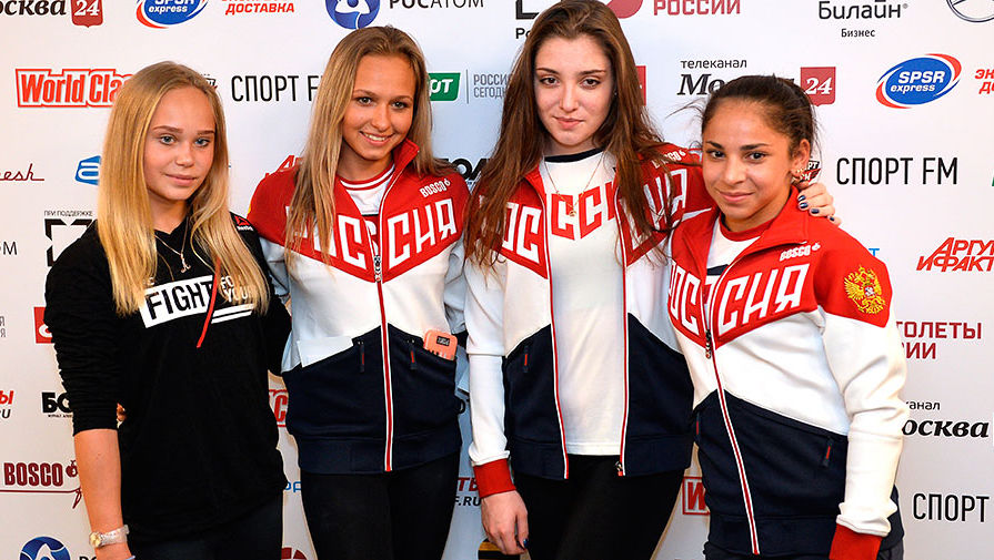 Спорстменки сборной России по&nbsp;спортивной гимнастике Ангелина Мельникова, Дарья Спиридонова, Алия Мустафина и Седа Тутхалян (слева направо) на&nbsp;премьере шоу &laquo;Алексей Немов и легенды спорта&raquo;