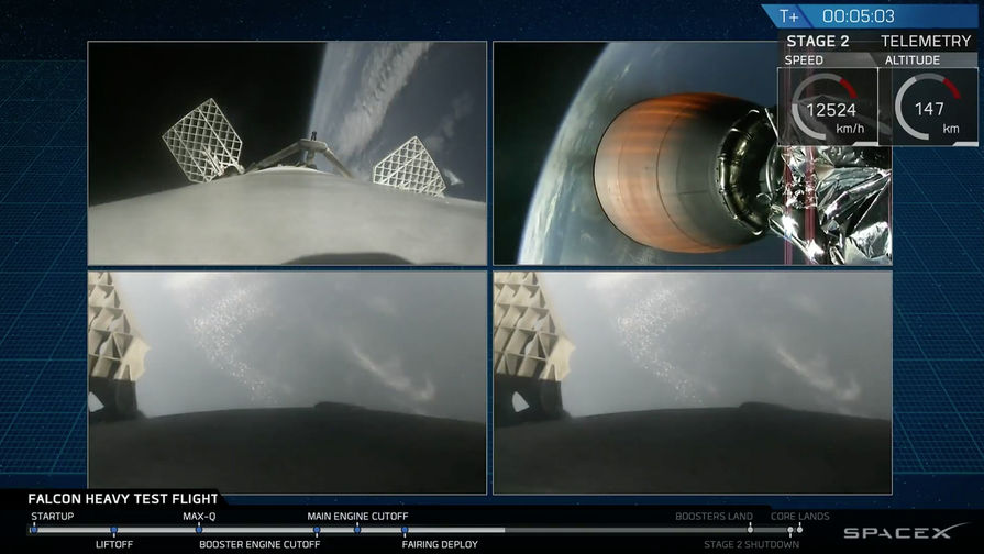 Во время запуска ракеты-носителя Falcon Heavy компании Илона Маска SpaceX с&nbsp;мыса Канаверал во Флориде, 6 февраля 2018 года