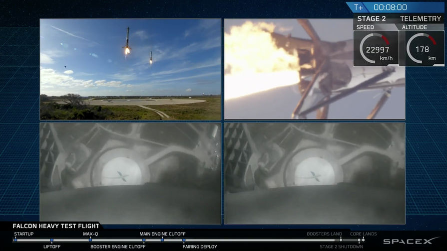 Во время запуска ракеты-носителя Falcon Heavy компании Илона Маска SpaceX с&nbsp;мыса Канаверал во Флориде, 6 февраля 2018 года