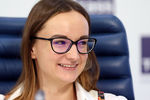 Сопредседатель движения «Россия выбирает» Елена Бабченкова во время пресс-конференции, посвященной старту Всероссийской акции «Экспедиция НОМ» (Национального общественного мониторинга) в Москве, 1 февраля 2018 года