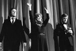 Поэт-песенник Илья Резник, певица Алла Пугачева и композитор Раймонд Паулс во время творческого вечера Паулса в театре Эстрады, 1982 год