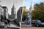 Вид на гостиницу «Украина» с улицы Николаева в Москве, 1961 год и 2015 год (коллаж)