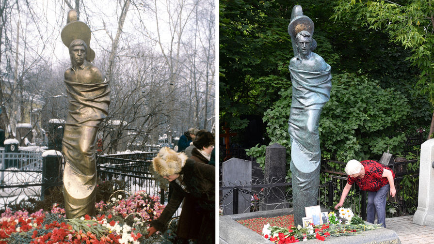 Памятник Владимиру Высоцкому на Ваганьковском кладбище в Москве в 1987 и 2020 годах, коллаж