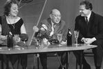 Первый секретарь Правления Союза композиторов СССР Тихон Николаевич Хренников, композитор Игорь Федорович Стравинский и его супруга Вера Артуровна (справа налево) во время съемок передачи в&nbsp;студии Центрального телевидения СССР, 1962&nbsp;год