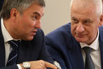 Первый заместитель руководителя администрации президента РФ Вячеслав Володин и избранный глава Северной Осетии Тамерлан Агузаров во время встречи президента России Владимира Путина с главами субъектов Российской Федерации, избранными в ходе региональных выборов 