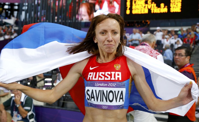 Савинова после победы с&nbsp;российским фдагом