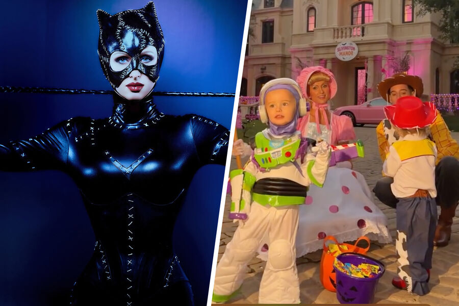 Пэрис Хилтон в образе женщины-кошки (слева) и c семьей в образах из мульфильма «История игрушек»