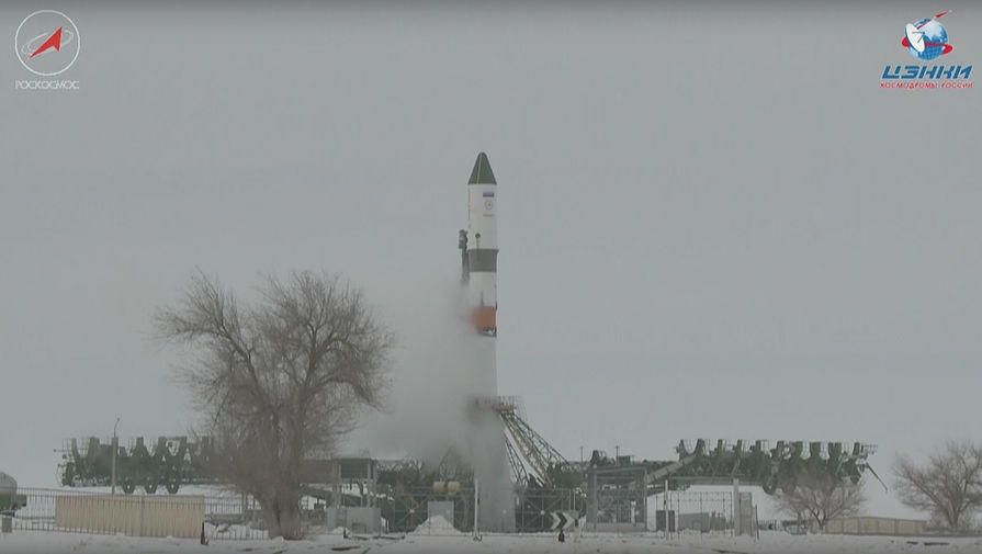 Кадр из трансляции запуска ракеты «Союз-2.1а» с кораблем «Прогресс МС-08» с космодрома Байконур, 13 февраля 2018 года