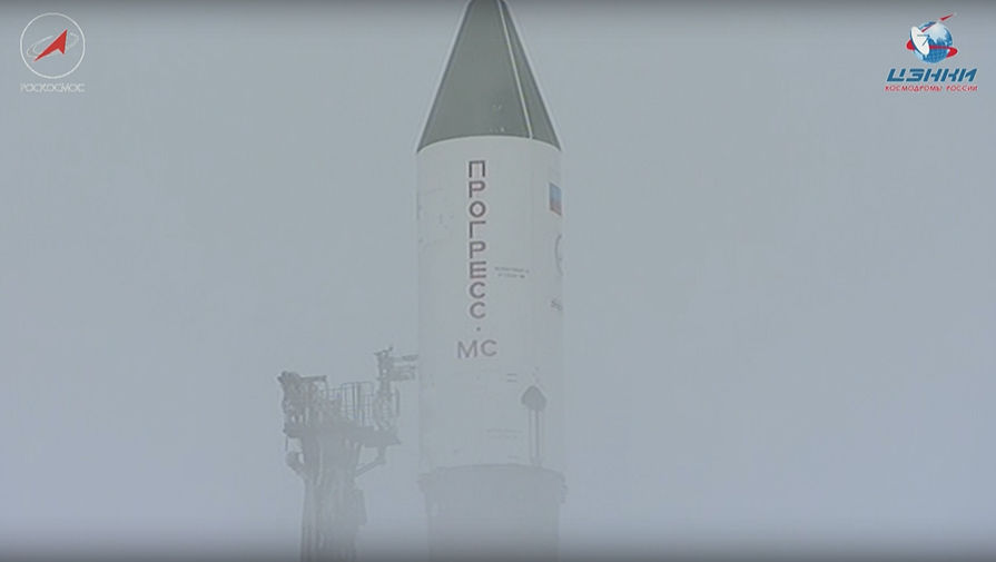 Кадр из трансляции запуска ракеты «Союз-2.1а» с кораблем «Прогресс МС-08» с космодрома Байконур, 13 февраля 2018 года