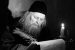 Народный артист СССР Евгений Самойлов в роли Пимена на съемках фильма «Борис Годунов» (режиссер Сергей Бондарчук), 1985 год